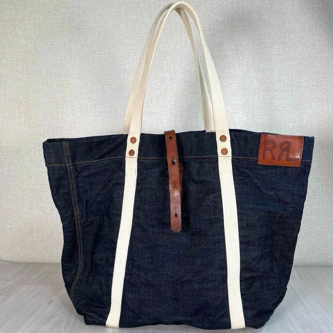 【良品】RRL/ダブルアールエル　デニム トートバッグ　イタリア制　A4収納可　大容量　耳付き　セルビッジ　ロゴ革パッチ　ラルフローレン