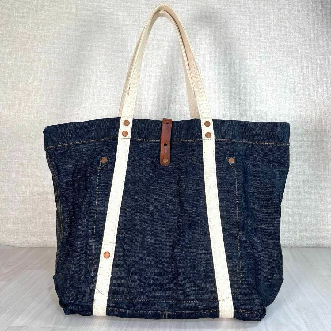 【良品】RRL/ダブルアールエル　デニム トートバッグ　イタリア制　A4収納可　大容量　耳付き　セルビッジ　ロゴ革パッチ　ラルフローレン