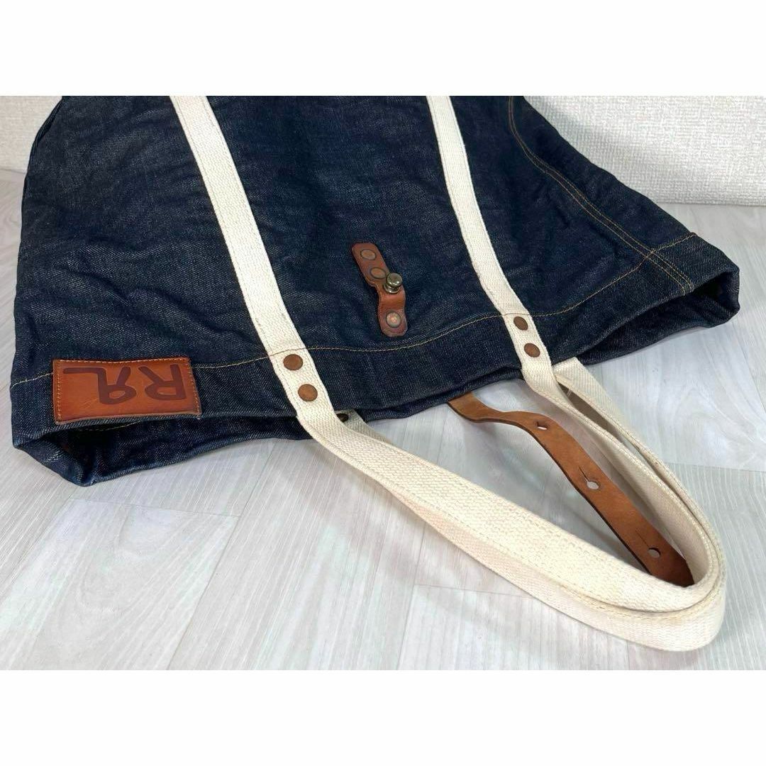 【良品】RRL/ダブルアールエル　デニム トートバッグ　イタリア制　A4収納可　大容量　耳付き　セルビッジ　ロゴ革パッチ　ラルフローレン