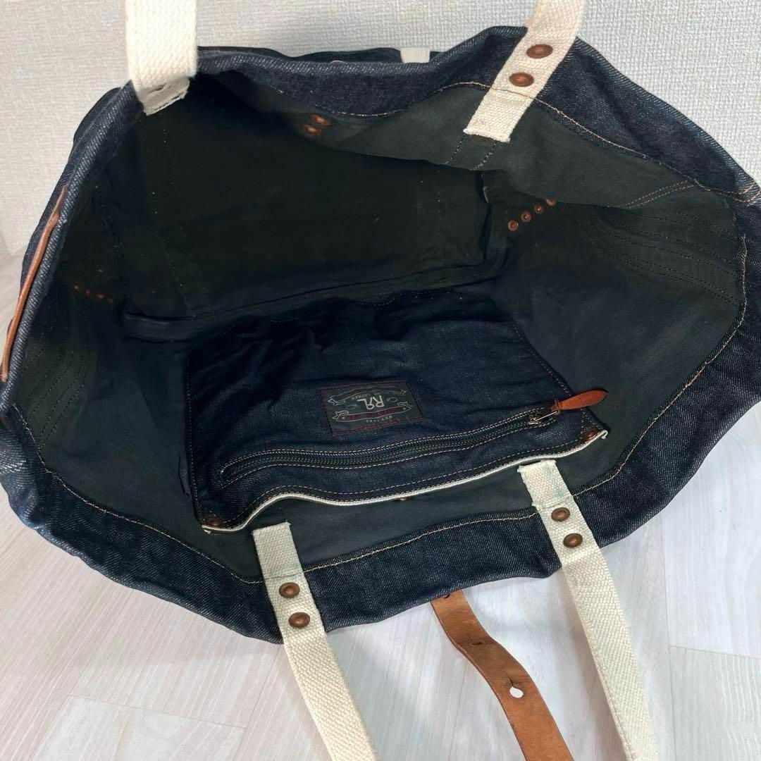 【良品】RRL/ダブルアールエル　デニム トートバッグ　イタリア制　A4収納可　大容量　耳付き　セルビッジ　ロゴ革パッチ　ラルフローレン