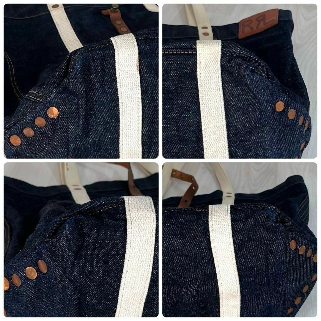 【良品】RRL/ダブルアールエル　デニム トートバッグ　イタリア制　A4収納可　大容量　耳付き　セルビッジ　ロゴ革パッチ　ラルフローレン