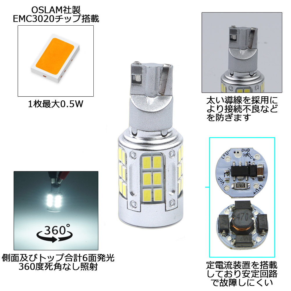 LEDバックランプ* T16 DC12V 5600ルーメン 6000K ホワイト OSRAM社制EMC3020チップ 72連 無極性 2本セット 1年保証[M便 0/1]