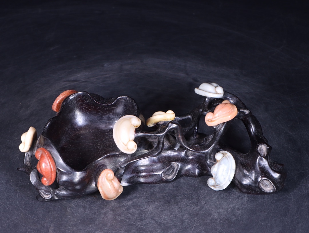 清・霊芝如意置物・紫檀木台座』極細工・古賞物・中国古玩・中国