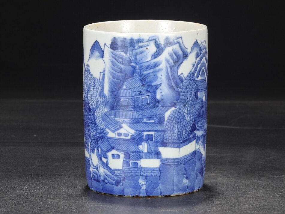 ◆御泓軒◆『清朝時代 陶磁器 康熙年製 青花山水図筆筒 箱付』極細工・古賞物・中国古玩・中国古美術 清