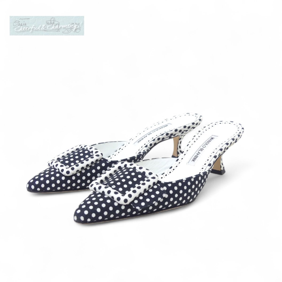 MANOLO BLAHNIK メイセールパンプス 37 ブラック/ホワイトドット リネン