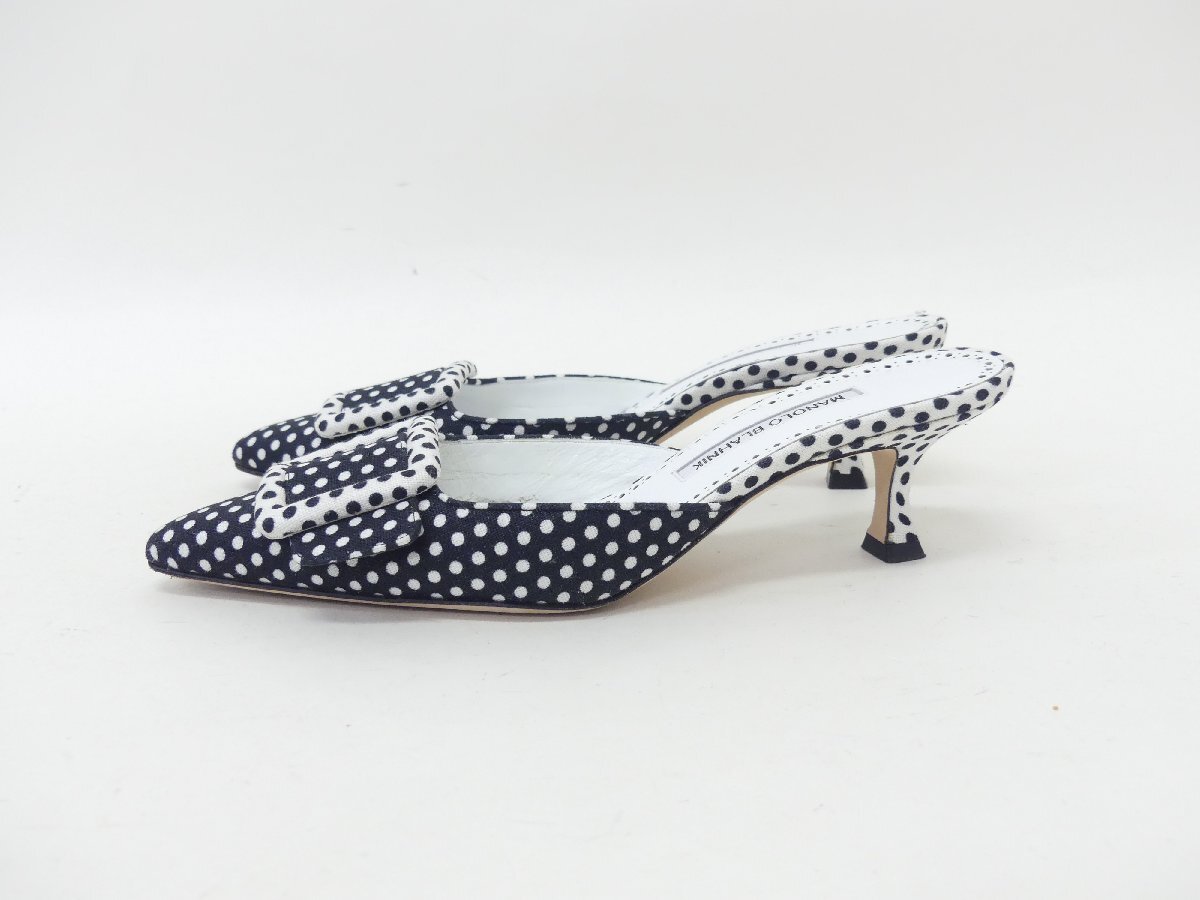 MANOLO BLAHNIK メイセールパンプス 37 ブラック/ホワイトドット リネン