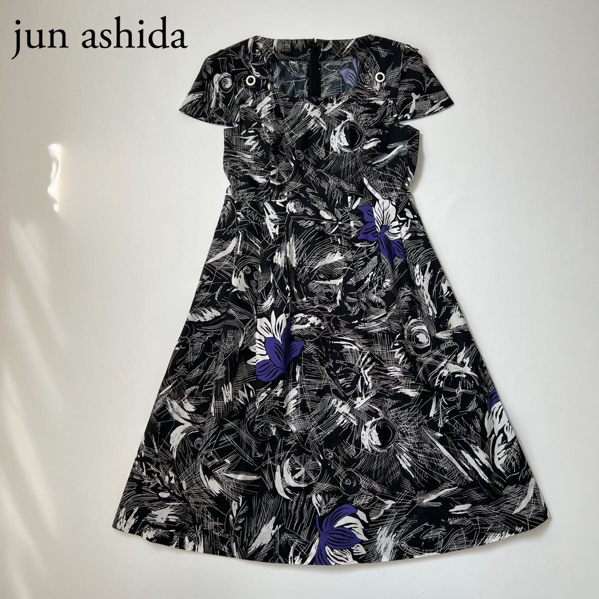 美品 jun ashida ジュンアシダ ロングワンピース フレアワンピース 総柄 フラワープリント サマーワンピース 半袖 日本製 9 レディース 