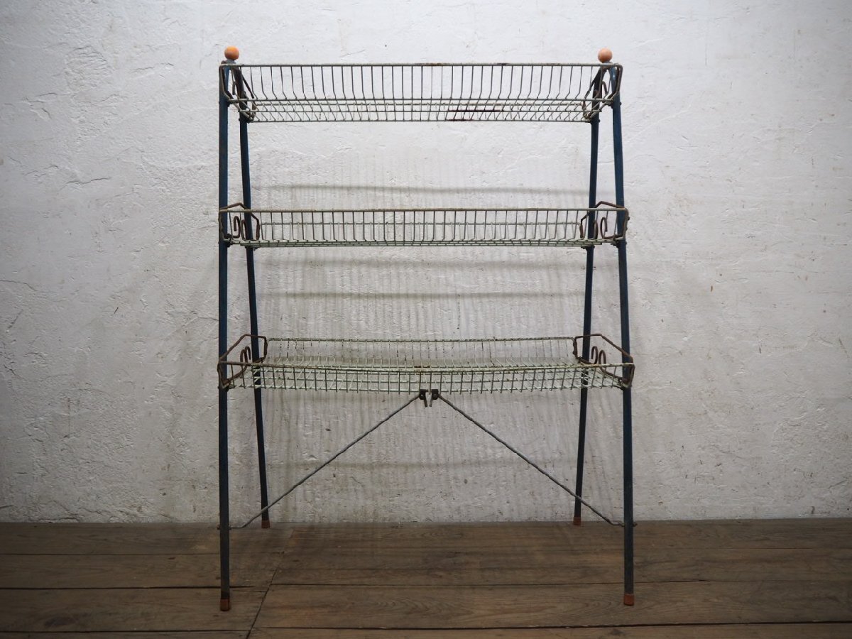 タQ0949◆②H110cm×W80cm◆ビンテージ◆古い鉄の錆びたワイヤーラック◆工業(yè)系 飾り棚 陳列棚 ディスプレイ レトロ シャビー アイアンO町