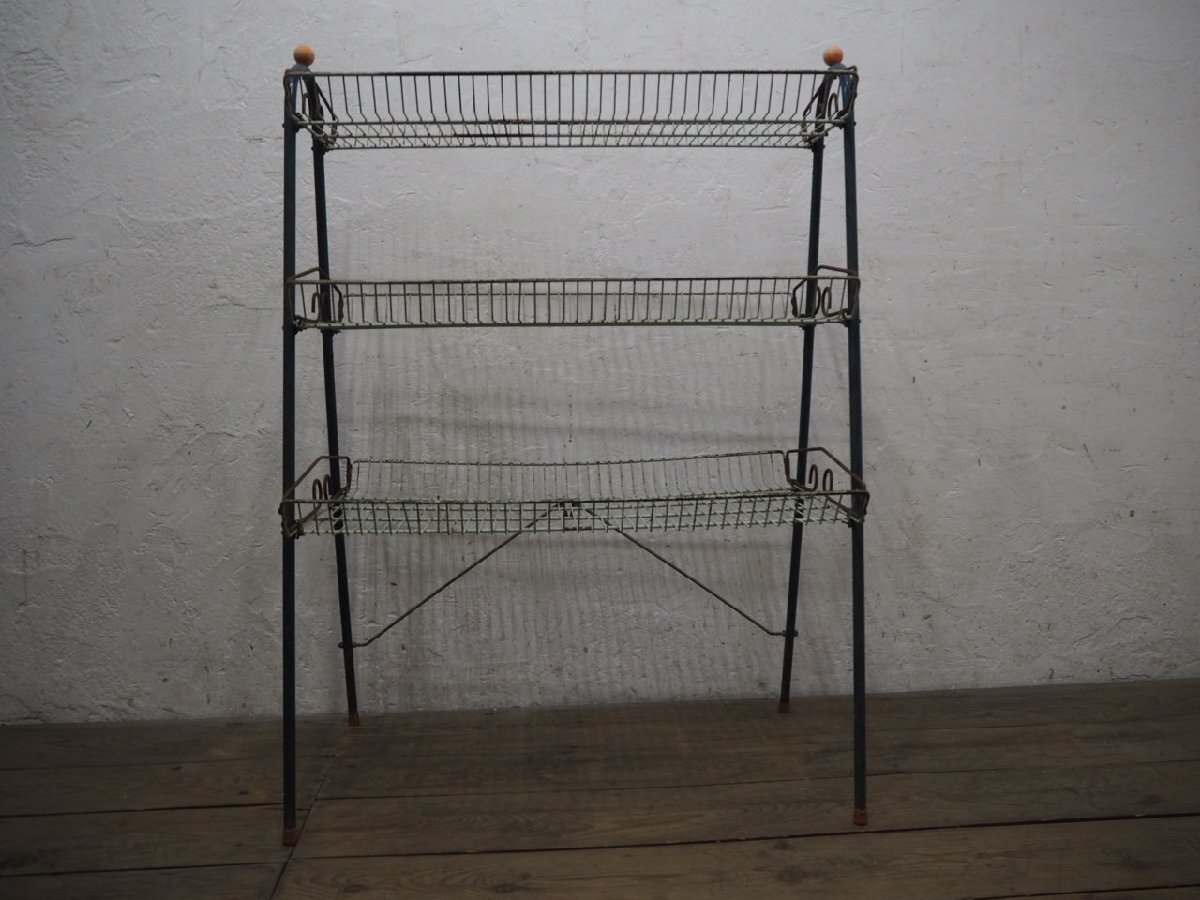 タQ0949◆②H110cm×W80cm◆ビンテージ◆古い鉄の錆びたワイヤーラック◆工業(yè)系 飾り棚 陳列棚 ディスプレイ レトロ シャビー アイアンO町