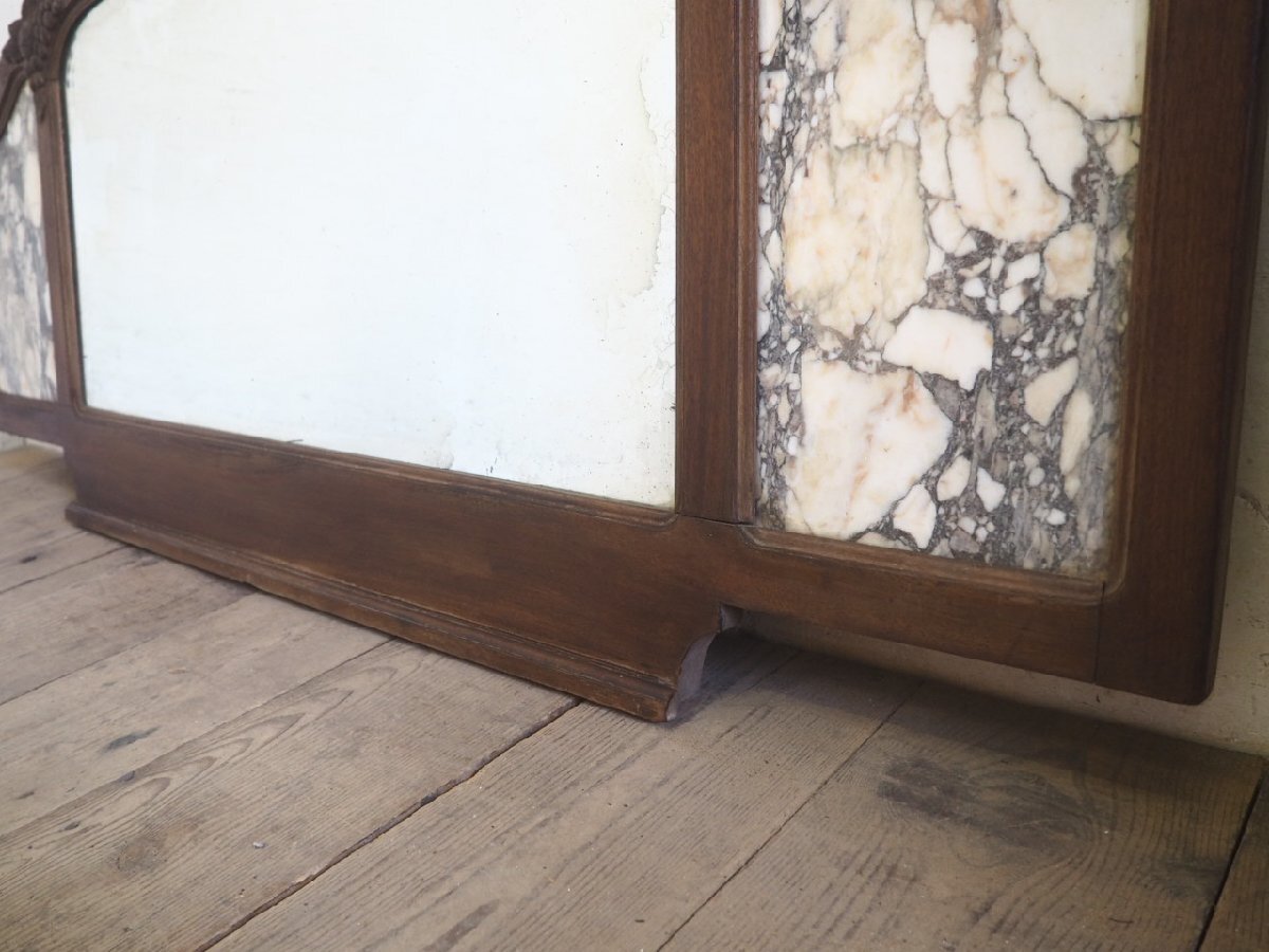 タ荷J0526◆H64,5cm×W151,5cm◆アンティーク◆重厚な味わいの大きな古い木制ウォールミラー◆鏡 姿見 壁掛け式 大理石 レトロI(ヤC)笹1