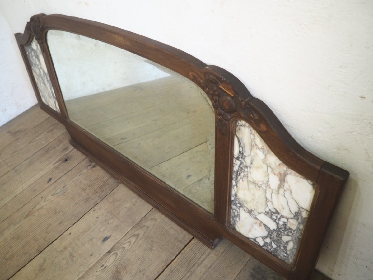 タ荷J0526◆H64,5cm×W151,5cm◆アンティーク◆重厚な味わいの大きな古い木制ウォールミラー◆鏡 姿見 壁掛け式 大理石 レトロI(ヤC)笹1