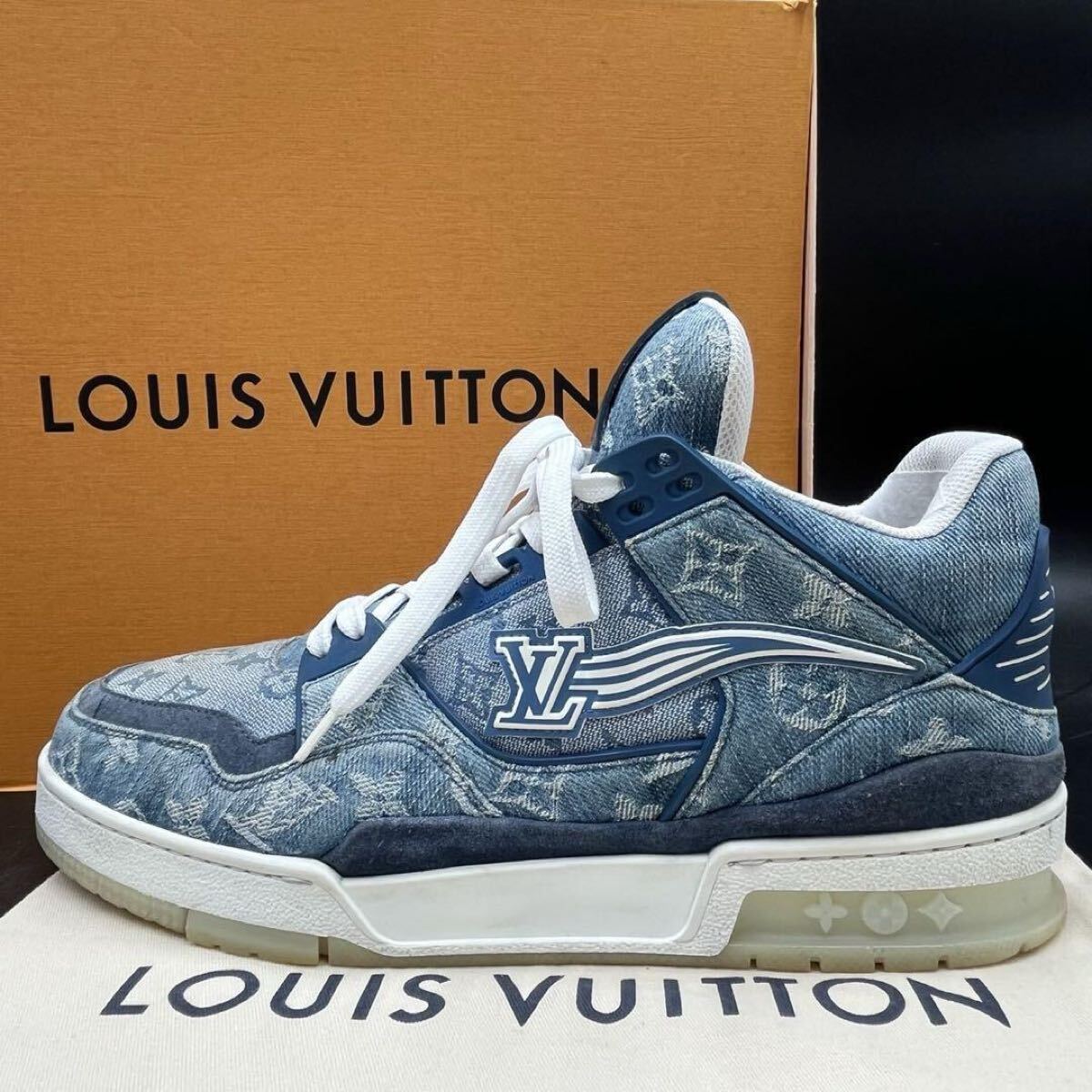 【美品】 LOUIS VUITTON ルイヴィトン LVトレイナーライン デニム モノグラム LVロゴ メンズ スニーカー シューズ 靴 インディゴ 27cm相當(dāng)