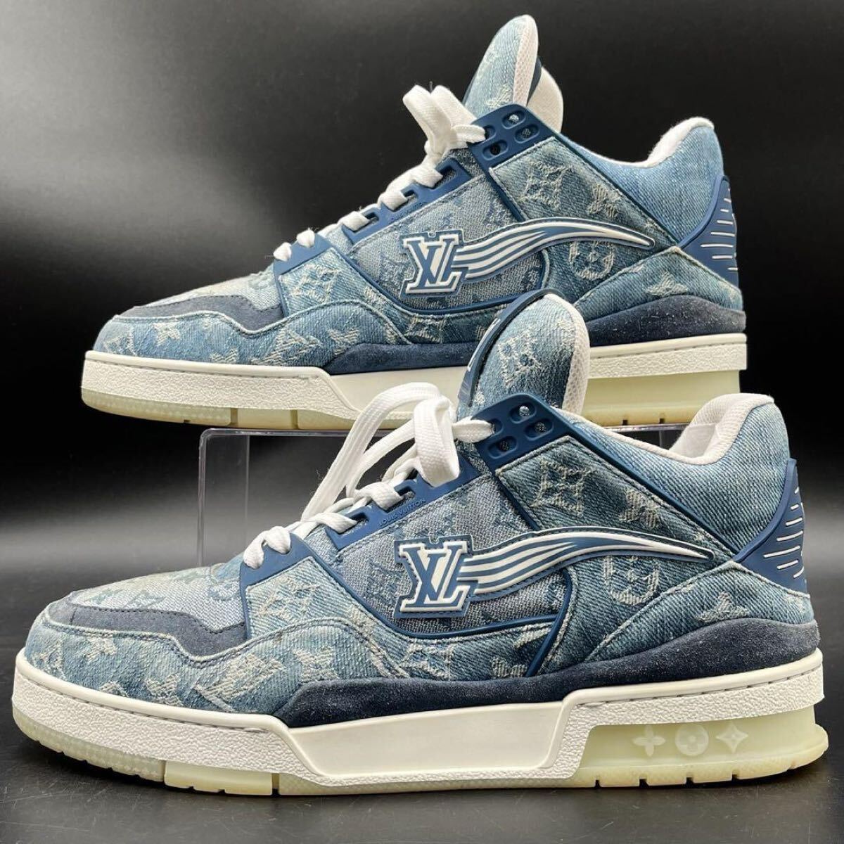 【美品】 LOUIS VUITTON ルイヴィトン LVトレイナーライン デニム モノグラム LVロゴ メンズ スニーカー シューズ 靴 インディゴ 27cm相當(dāng)