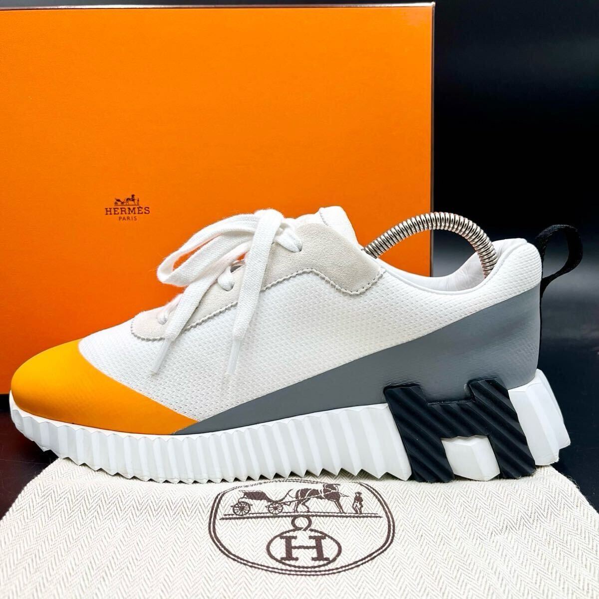 【未使用級】 HERMES エルメス 【王者の貫禄】 メンズ バウンシング ファブリック Hロゴ スニーカー シューズ 靴 ホワイト 24.5cm相当_画像1