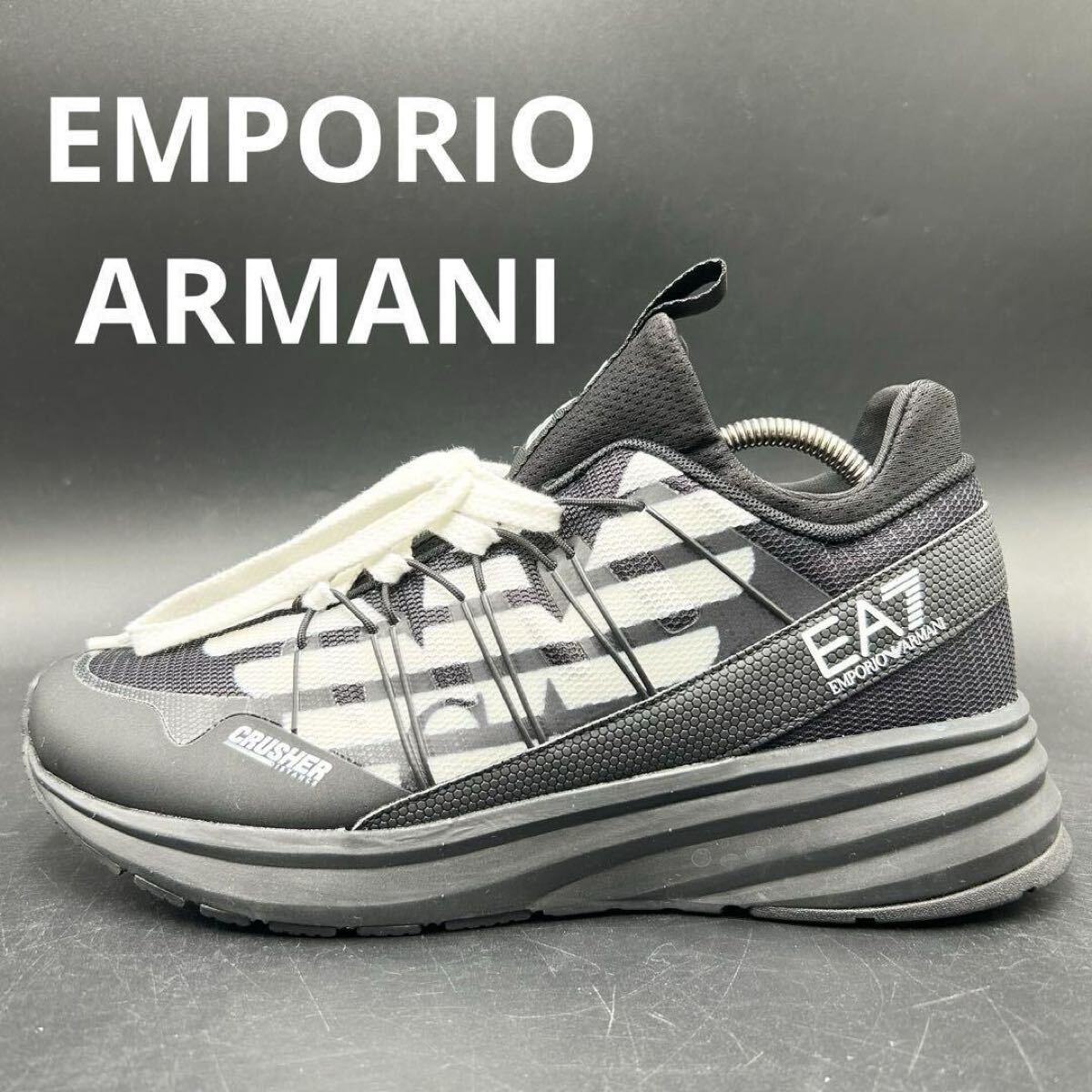 【現(xiàn)行未使用保管品】 EMPORIO ARMANI エンポリオアルマーニ EA7 イーグルロゴ ファブリック スニーカー シューズ 靴 ブラック 25.5cm相當(dāng)