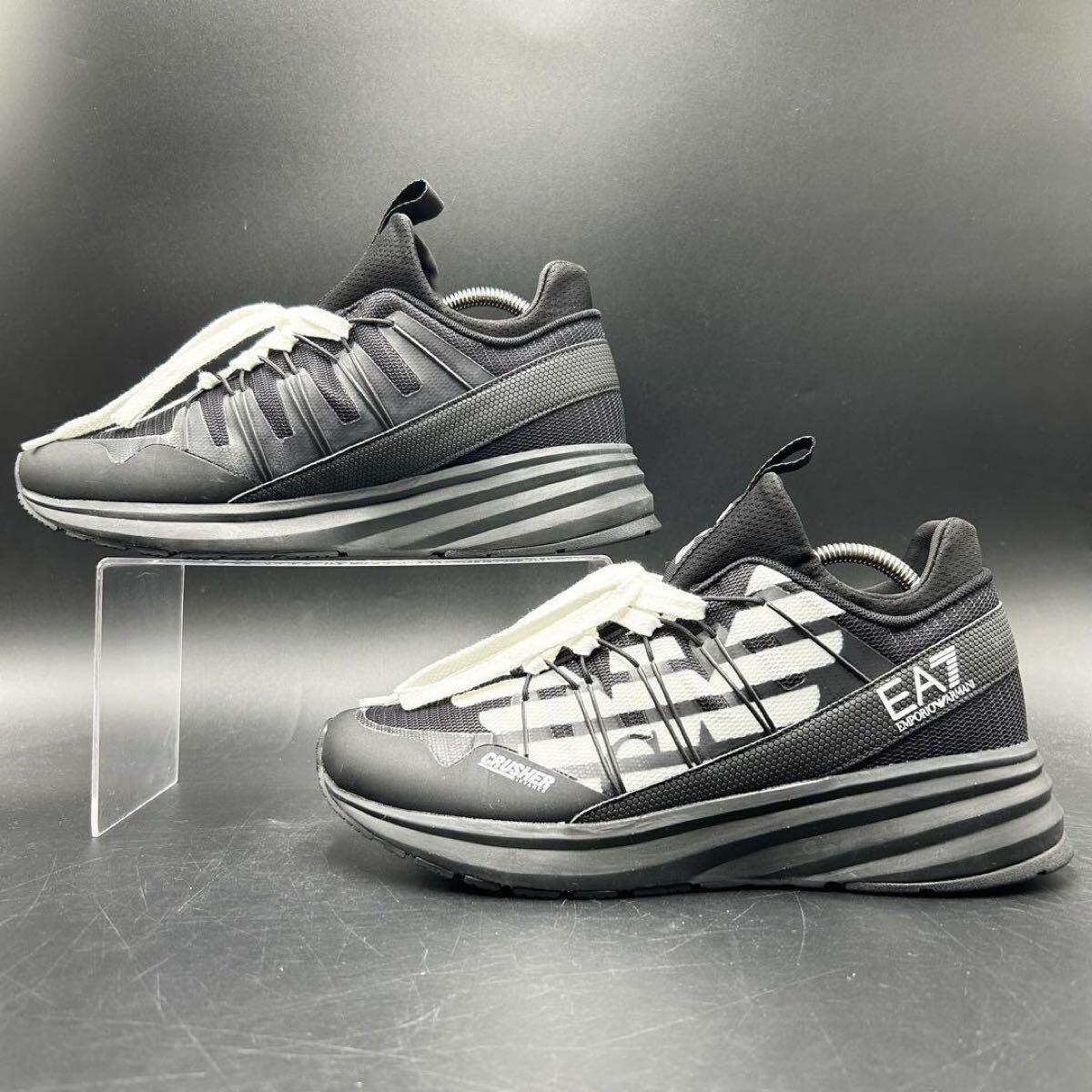 【現(xiàn)行未使用保管品】 EMPORIO ARMANI エンポリオアルマーニ EA7 イーグルロゴ ファブリック スニーカー シューズ 靴 ブラック 25.5cm相當(dāng)