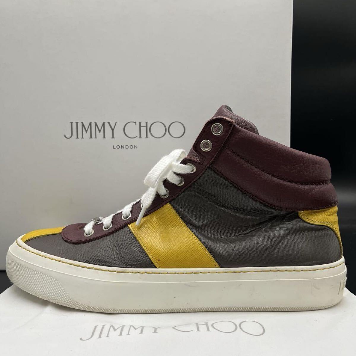 【美品】 JIMMY CHOO ジミーチュウ 【圧倒的高級感】 メンズ ツートン サイドライン ハイカット スニーカー シューズ 靴 ブラウン 28cm相當