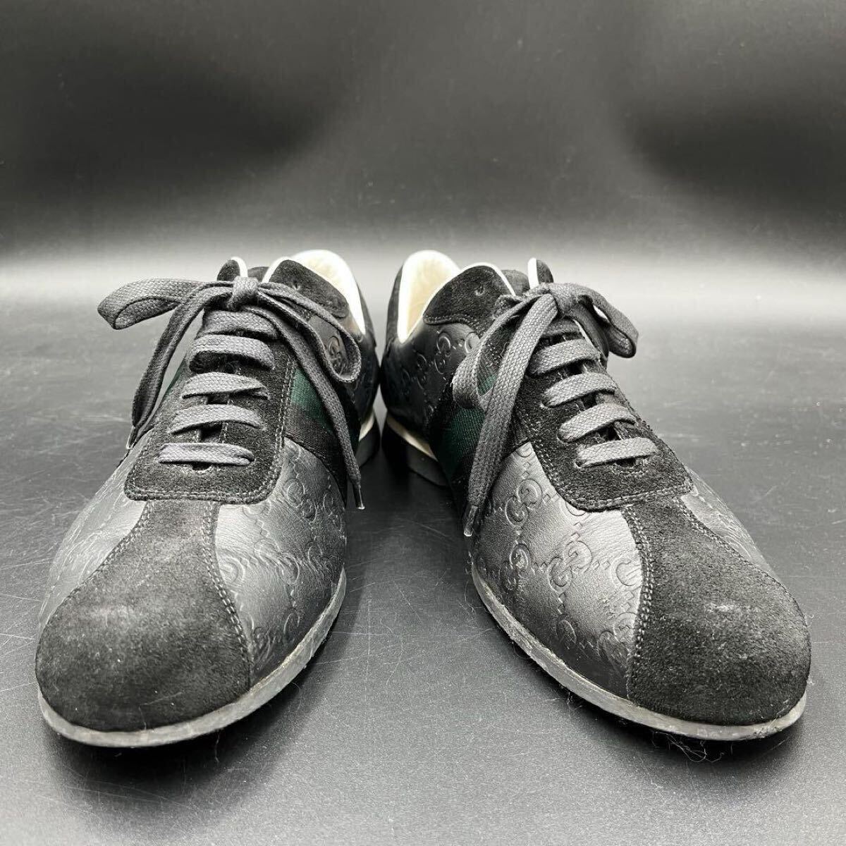 【美品】 GUCCI グッチ 【圧倒的高級(jí)感】 メンズ シマレザー GG柄 エンボス加工 シェリーライン スニーカー シューズ 靴 ブラック 26cm相當(dāng)