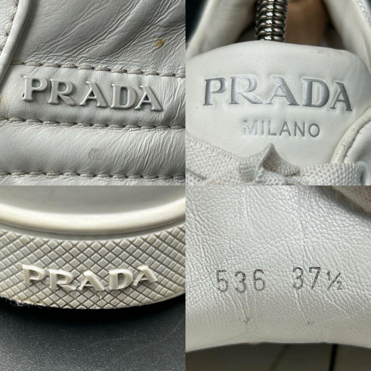 1円 【美品】 PRADA プラダ 【圧倒的高級感】 サイドロゴ サイドライン ロゴ金具 厚底 スニーカー シューズ 靴 ホワイト レザー 24.5cm相當