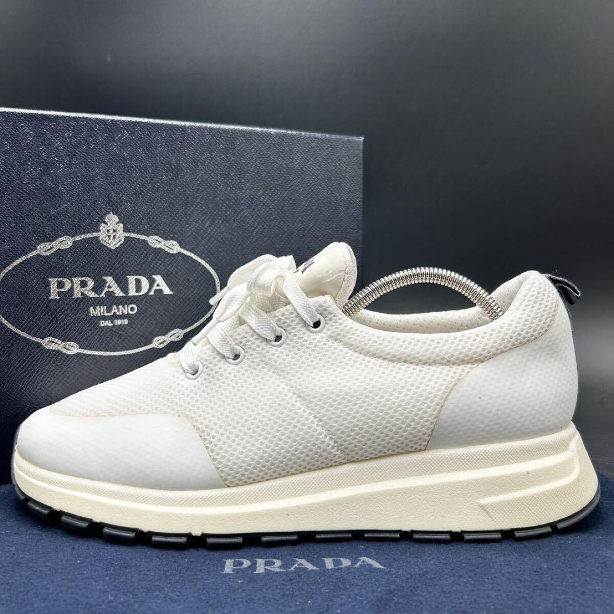 1円 【美品】 PRADA プラダ 【王者の貫祿】 メンズ ファブリック メッシュ ロゴ ローカット スニーカー シューズ 靴 ホワイト 白 26cm相當