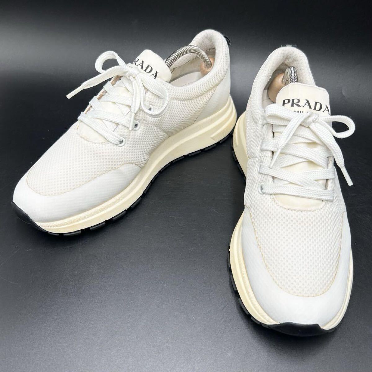 1円 【美品】 PRADA プラダ 【王者の貫祿】 メンズ ファブリック メッシュ ロゴ ローカット スニーカー シューズ 靴 ホワイト 白 26cm相當