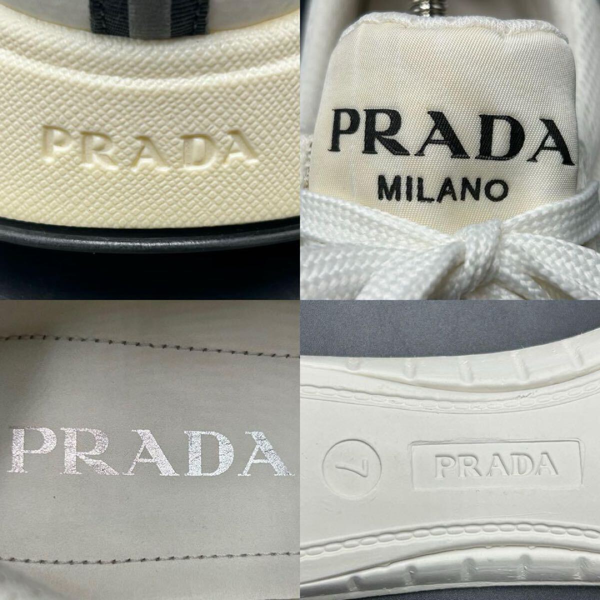 1円 【美品】 PRADA プラダ 【王者の貫祿】 メンズ ファブリック メッシュ ロゴ ローカット スニーカー シューズ 靴 ホワイト 白 26cm相當
