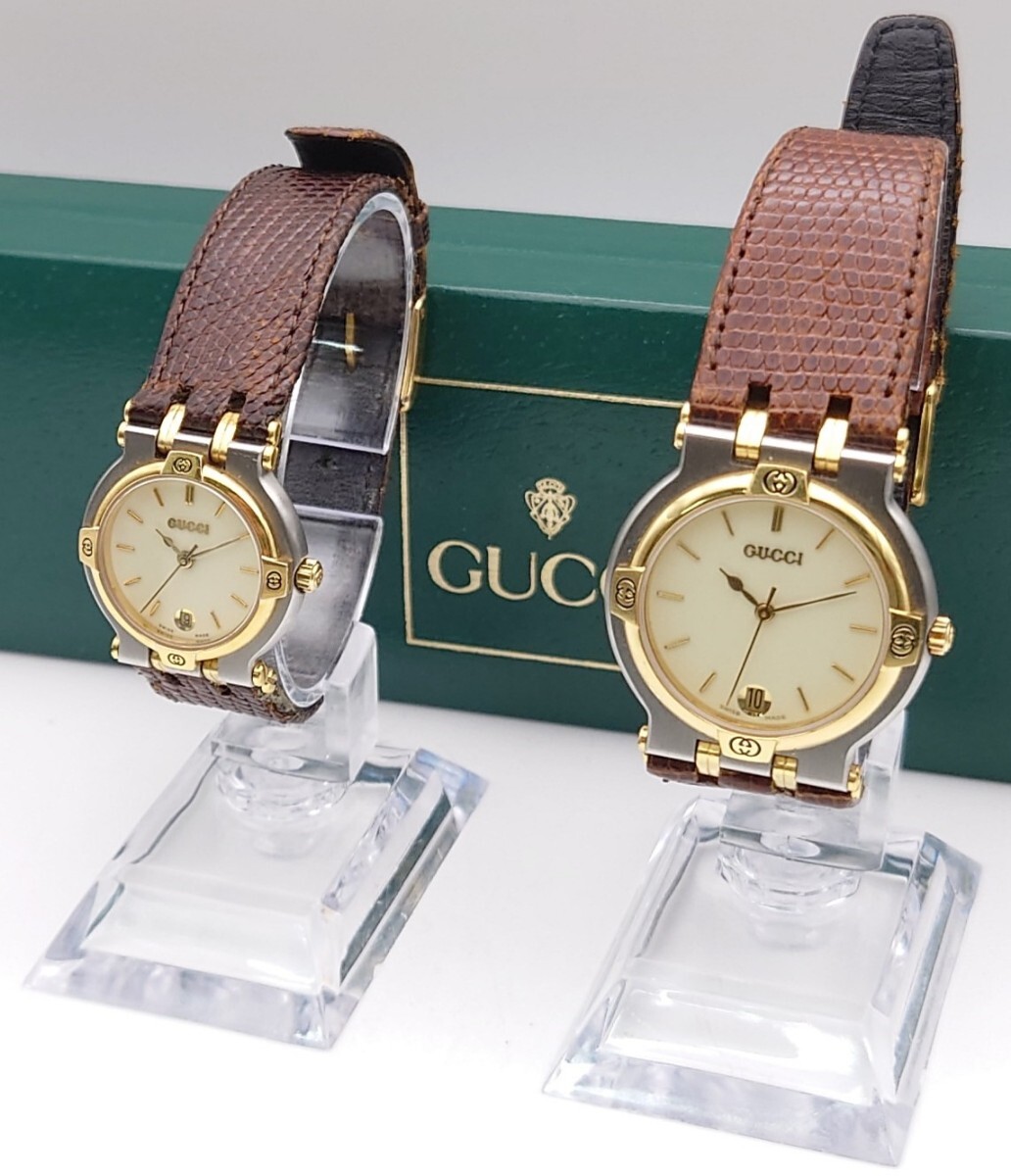 [N508] GUCCI наручные часы мужской женские наручные часы комбинированный 9000M 9000L раунд Date кварц слоновая кость циферблат работа товар 