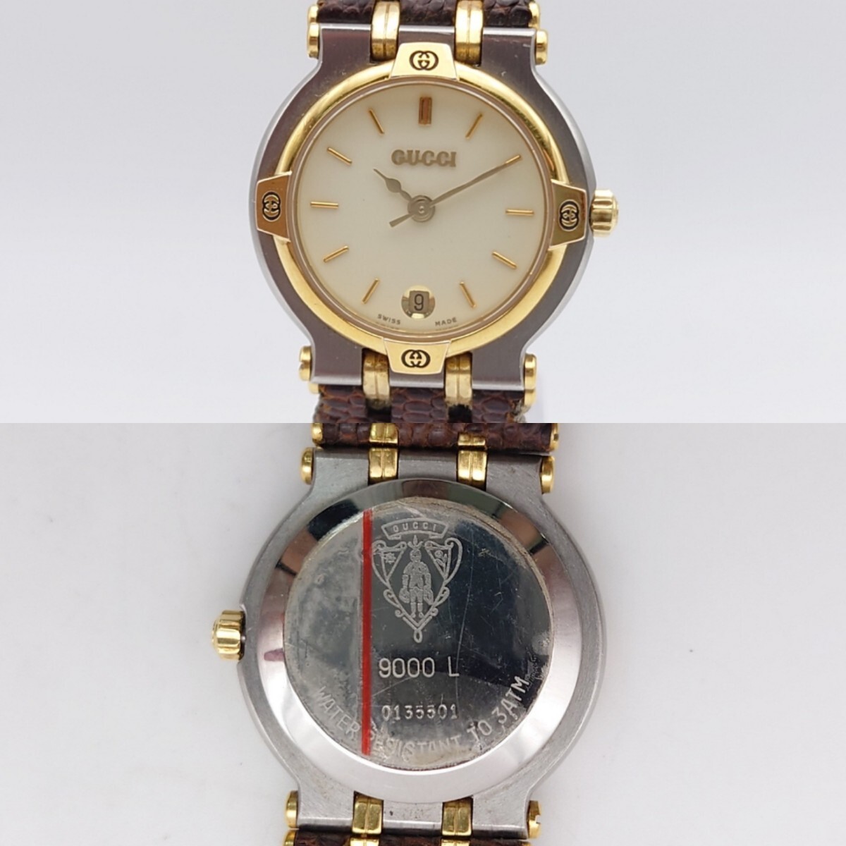 [N508] GUCCI наручные часы мужской женские наручные часы комбинированный 9000M 9000L раунд Date кварц слоновая кость циферблат работа товар 