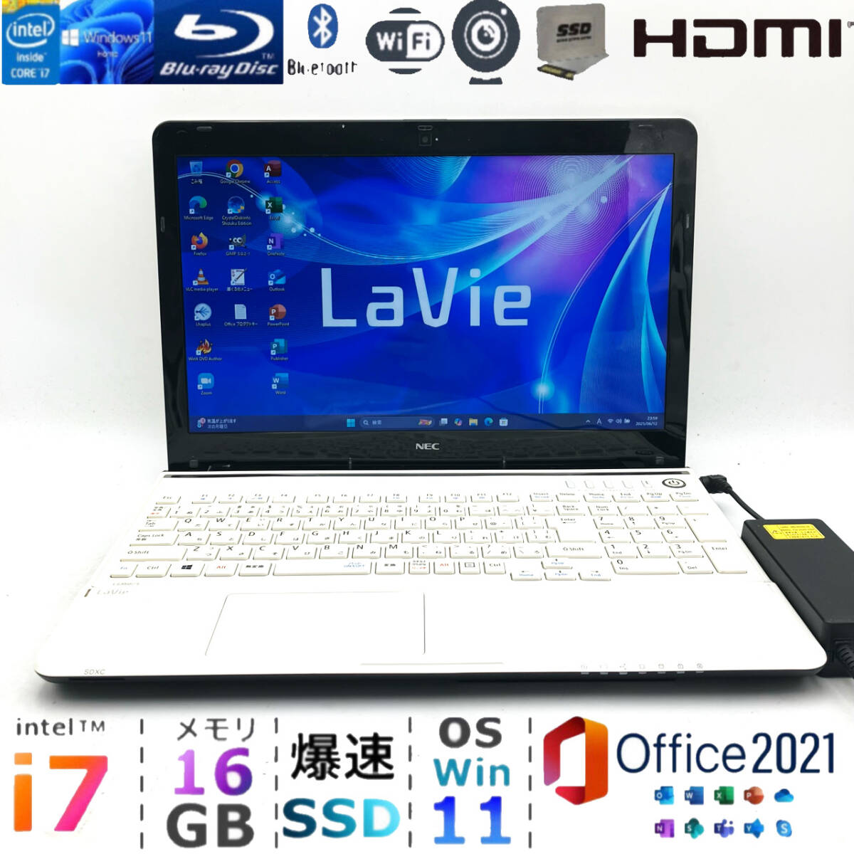 最強i7【メモリ16GB+新品SSD512GB】Core i7-3.40GHz/最新版Win11/Office2021/人気NECノートパソコン/Blu-ray/Bluetooth/Webカメラ/即決特典