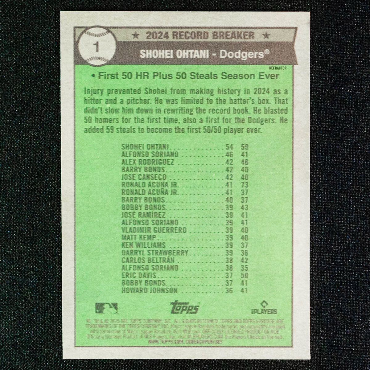 最新 2025 Topps Heritage 大谷翔平 No.1 史上初50/50 リフラクターパラレルカード Refractor ヘリテイジ