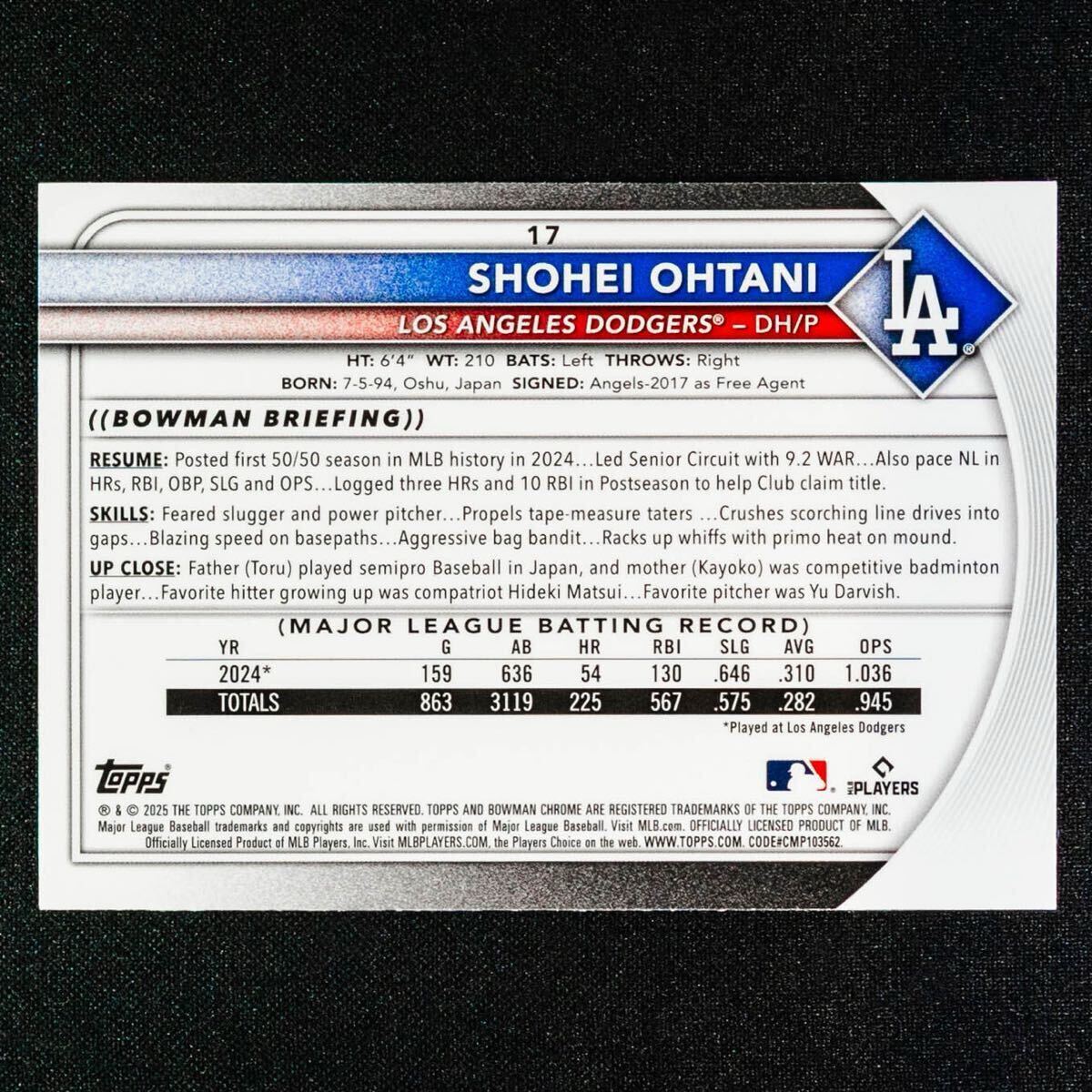 最新 2025 Topps Bowman Chrome 大谷翔平 No.17 リフラクターカード ボウマンクローム Bowman Mega