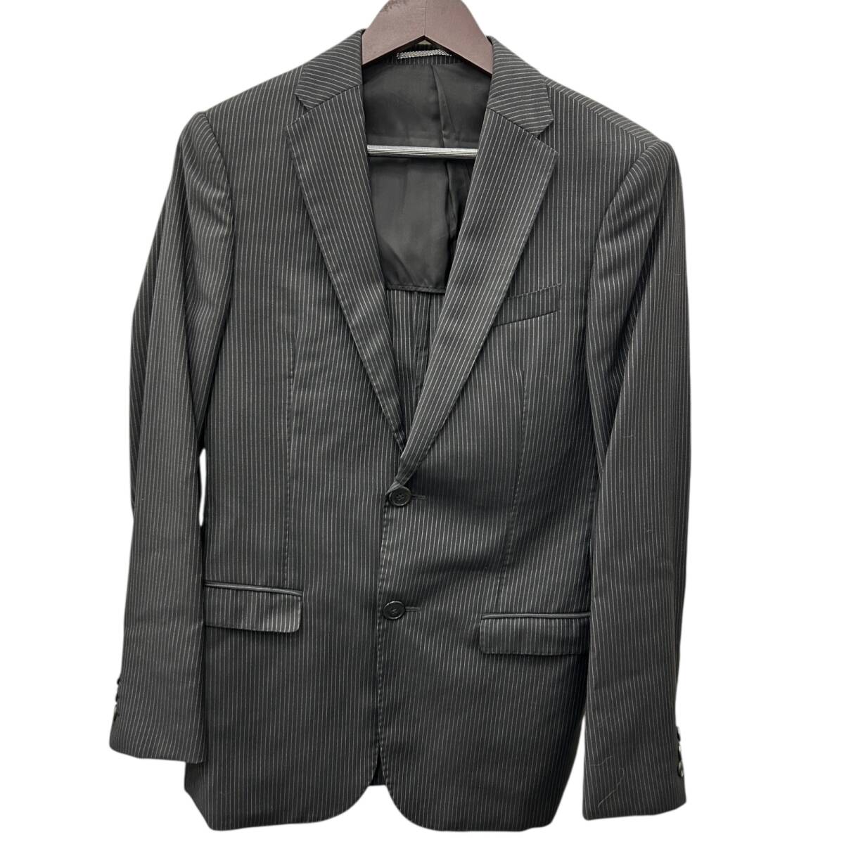 ◎中古品◎ARMANI COLLEZIONI アルマーニ シングルスーツ ブラック ピンストライプ 上下セット ネーム入り I1321CIOA