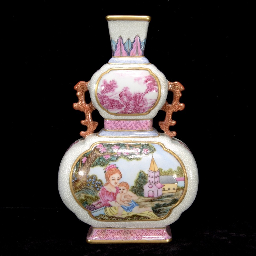 富山県　小杉焼　瓢箪徳利　葫蘆瓶　時代箱付　M　R4038 瓏】陶磁器 粉彩纏枝連開窗人物故事紋 葫蘆瓶 瓢箪瓶