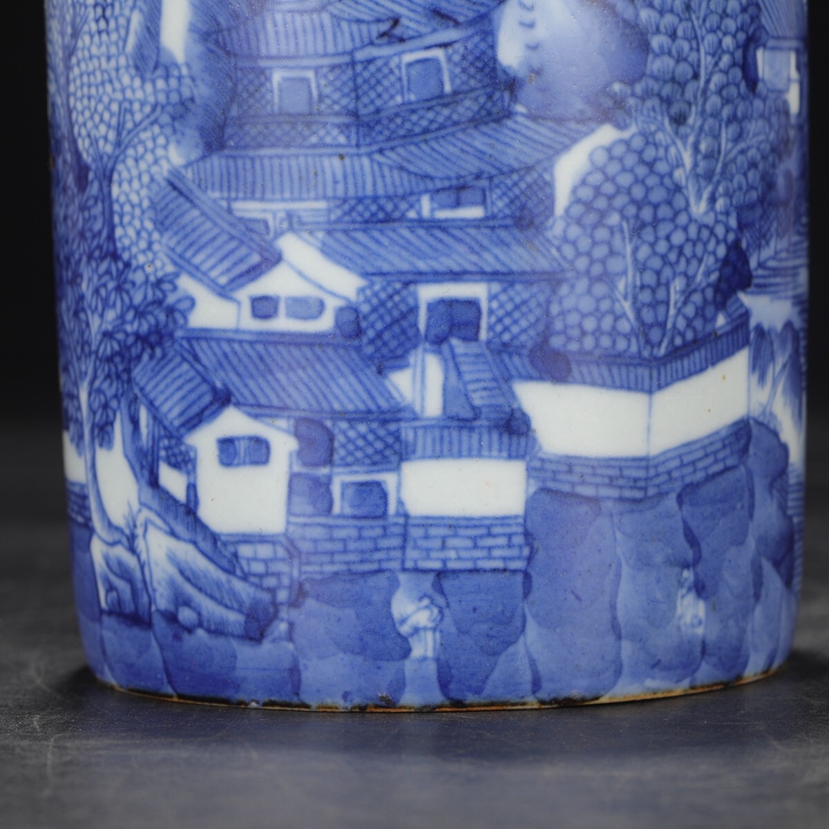 清・古陶磁器・青花山水図筆筒・箱付』極細工・古賞物・中国古玩・