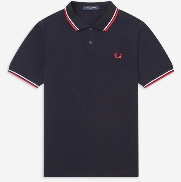 新品メンズポロシャツFREDフレッドペリー半袖Tシャツダブル色ライン濃紺L