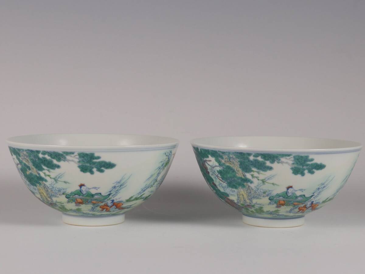 ▽鴻▽清朝時代 陶磁器 雍正年製 斗彩撫琴図碗一対 染付 時代物 中国古美術 骨董品 清