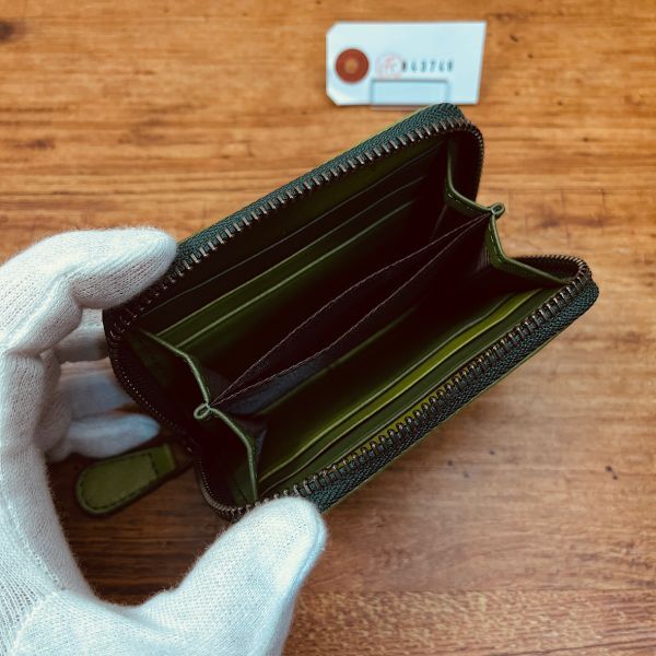 ラムレザー イントレチャート コインケース ラウンドファスナー 財布 メンズ財布 編み込み 送料無料 革財布 長財布 1円　カード入れ 緑