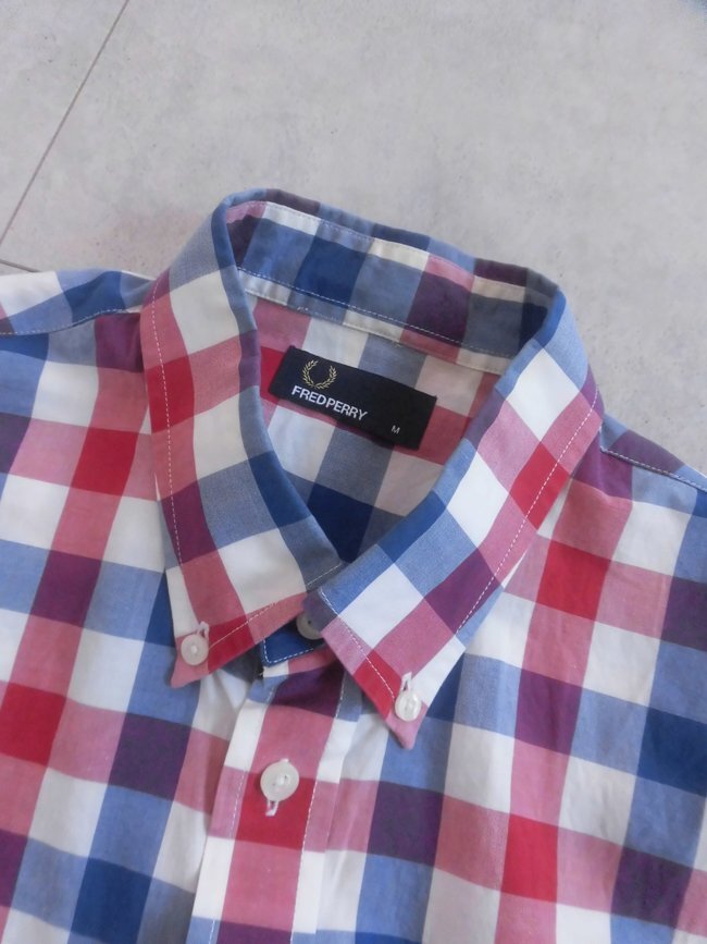 FRED PERRY Fred Perry месяц багряник японский . вышивка в клетку рубашка с коротким рукавом M/ кнопка down рубашка / проверка рубашка / мужской /M4397/ отличный 