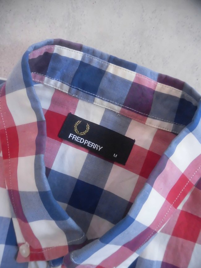 FRED PERRY Fred Perry месяц багряник японский . вышивка в клетку рубашка с коротким рукавом M/ кнопка down рубашка / проверка рубашка / мужской /M4397/ отличный 