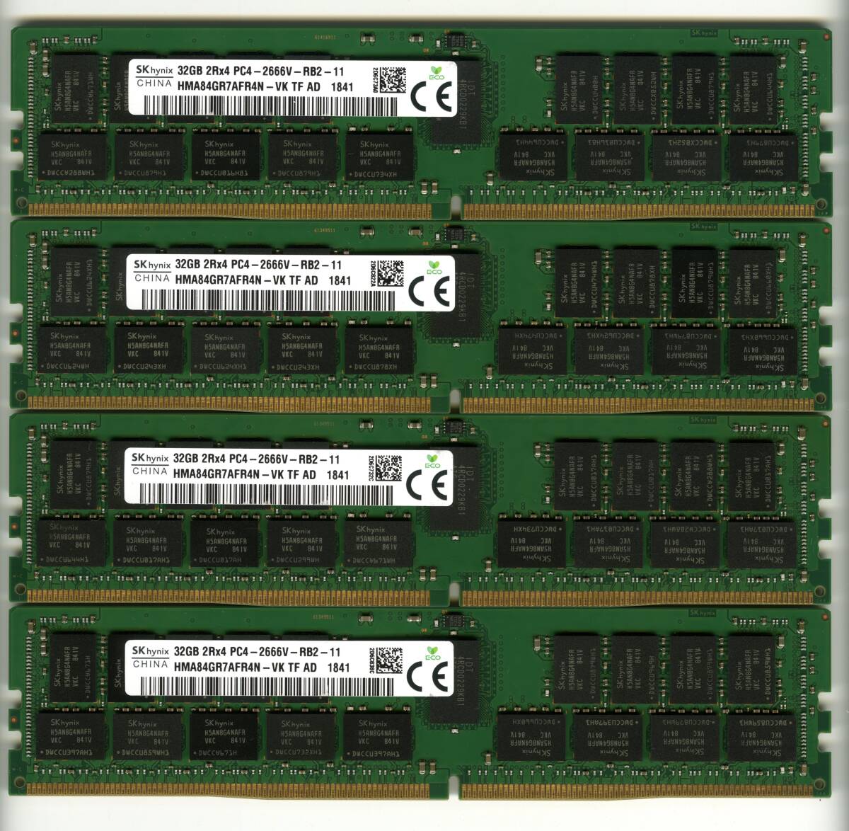 【RDIMM】DDR4-2666、ECC Registered、32GBの4枚セットで128GB、中古　SKhynix reg pc4 サーバー メモリ Z4 G4で動作確認済み 1841-3