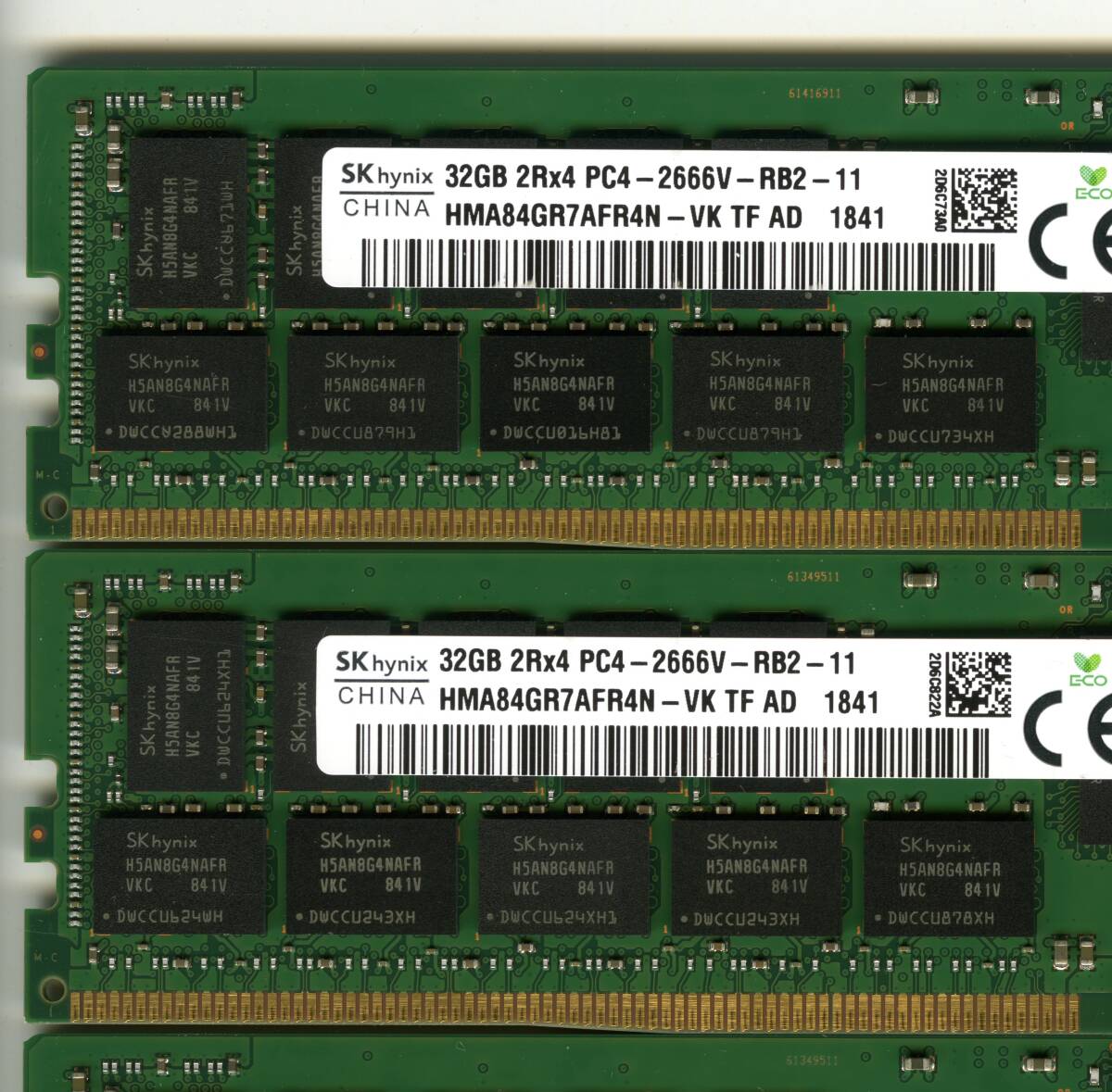 【RDIMM】DDR4-2666、ECC Registered、32GBの4枚セットで128GB、中古　SKhynix reg pc4 サーバー メモリ Z4 G4で動作確認済み 1841-3