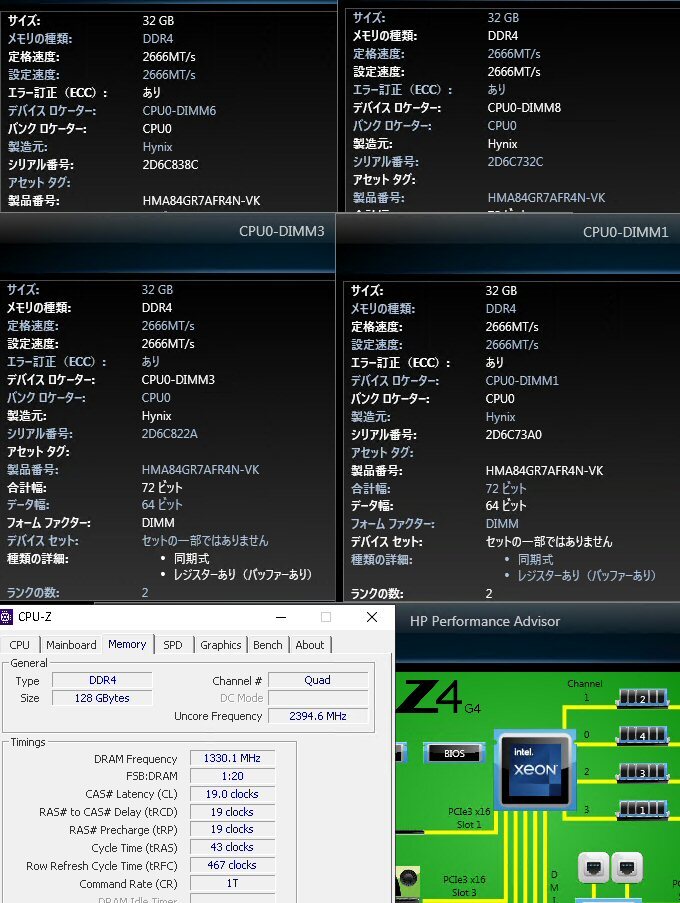 【RDIMM】DDR4-2666、ECC Registered、32GBの4枚セットで128GB、中古　SKhynix reg pc4 サーバー メモリ Z4 G4で動作確認済み 1841-3