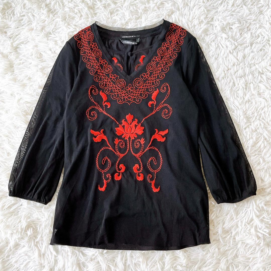 【VIVIENNE TAM ヴィヴィアンタム】アンサンブル　セット　トップス　プルオーバー　パワーネット　チャイナ　ブラック　刺繍　サイズ１