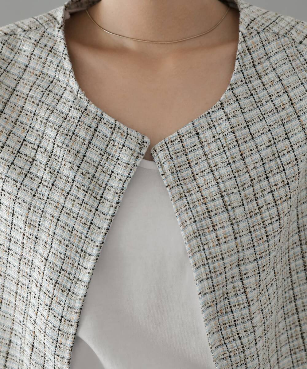 【STYLE DELI】【ブランド?洗濯タグなし】サラッと軽いサマーツイード半袖ジャケット/ホワイトミックス?Fサイズ