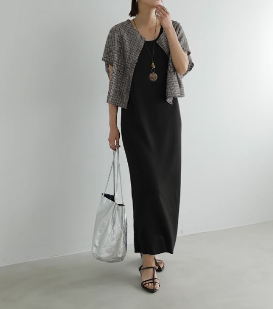 【STYLE DELI】【ブランド?洗濯タグなし】サラッと軽いサマーツイード半袖ジャケット/ブラックミックス?Fサイズ