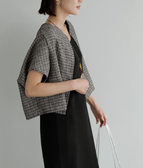 【STYLE DELI】【ブランド?洗濯タグなし】サラッと軽いサマーツイード半袖ジャケット/ブラックミックス?Fサイズ