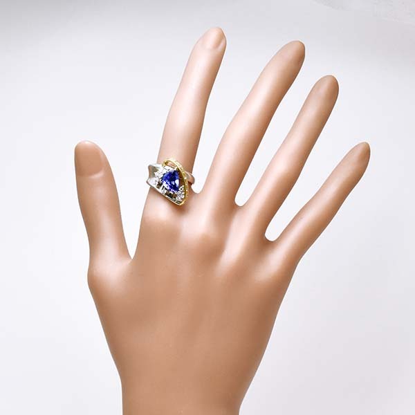 タンザナイト 1.74ct ダイヤモンド 0.29ct プラチナ Pt900 18金イエローゴールド K18YG リング 13號(hào)