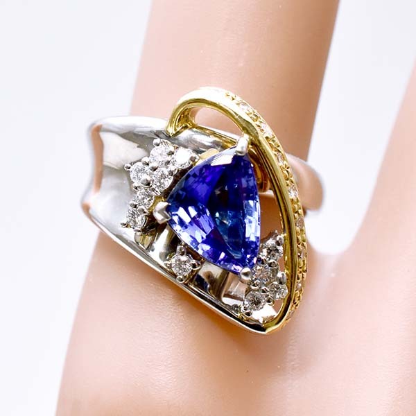 タンザナイト 1.74ct ダイヤモンド 0.29ct プラチナ Pt900 18金イエローゴールド K18YG リング 13號(hào)