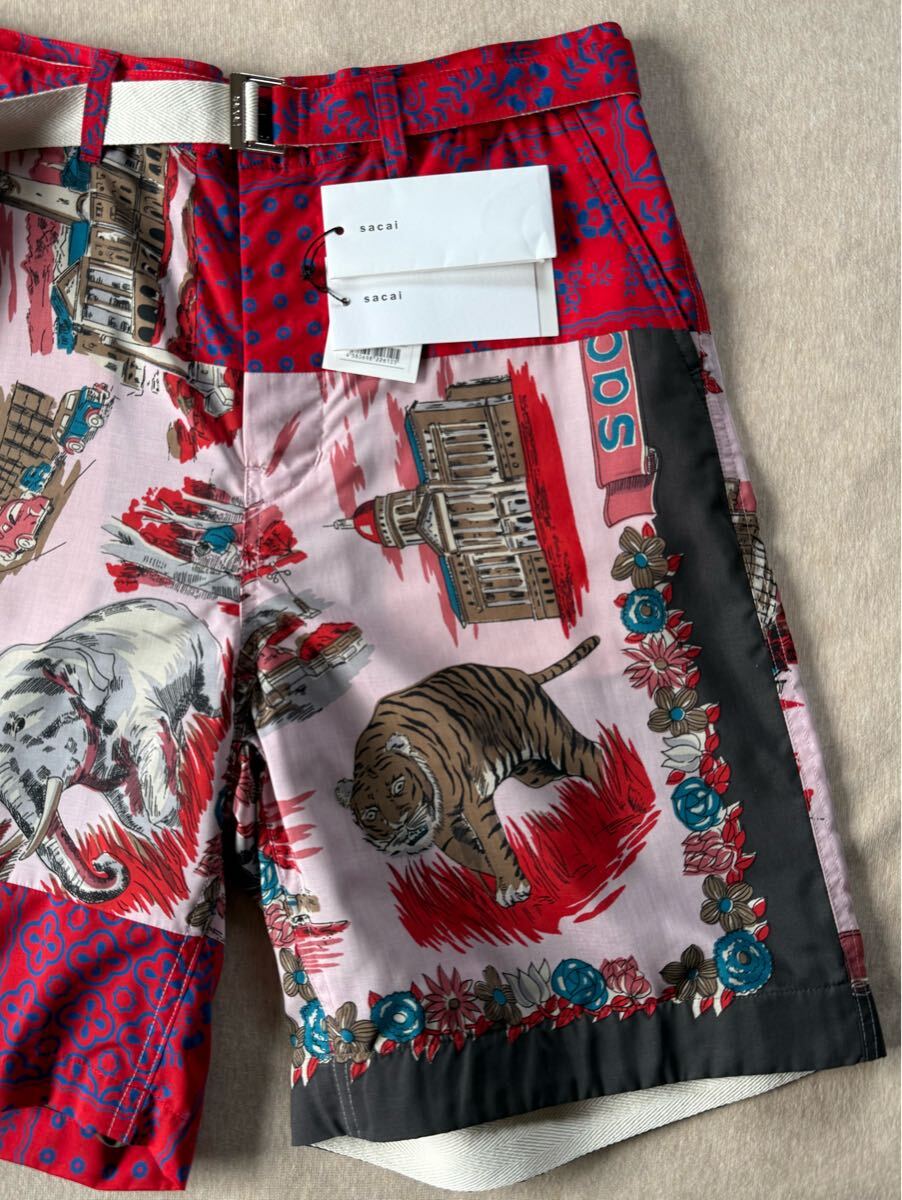 2新品 sacai アーカイブ プリント ショートパンツ ベルト付き 21SS size 2 M ボトムス パンツ ショーツ サカイ メンズ