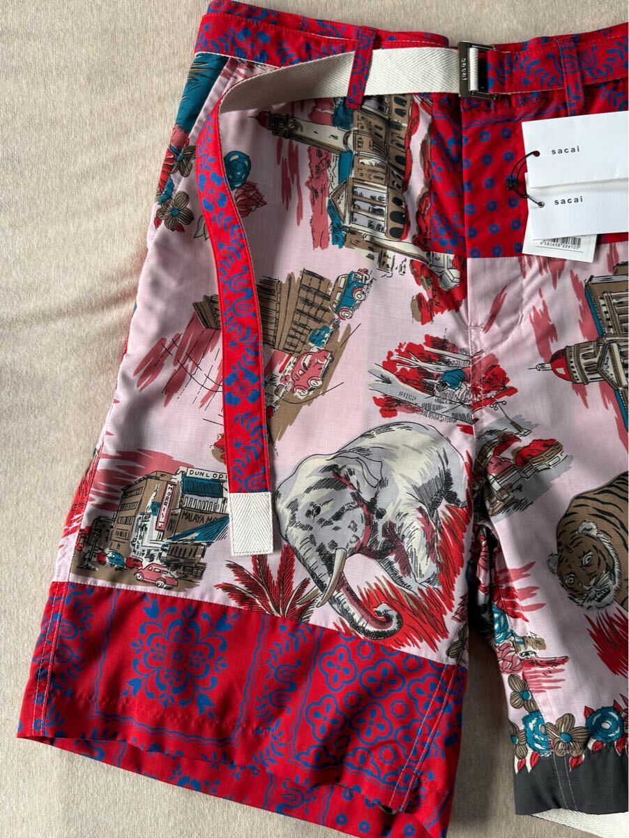 2新品 sacai アーカイブ プリント ショートパンツ ベルト付き 21SS size 2 M ボトムス パンツ ショーツ サカイ メンズ